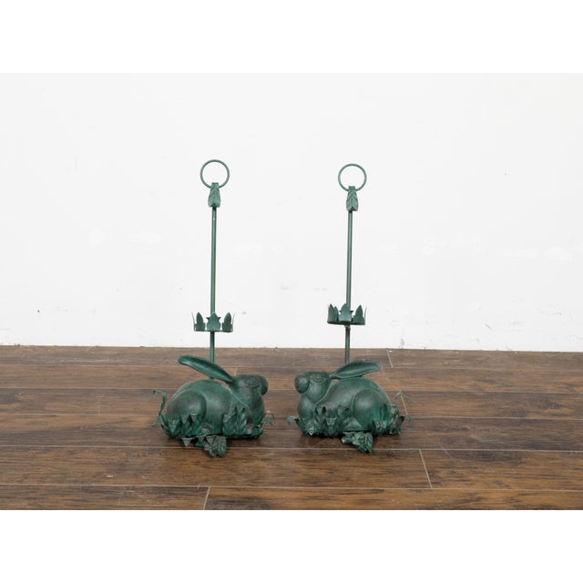 Pair of Vintage American Midcentury Iron Rabbit Candle Holders with Green Patina For Sale - Image 4 of 11