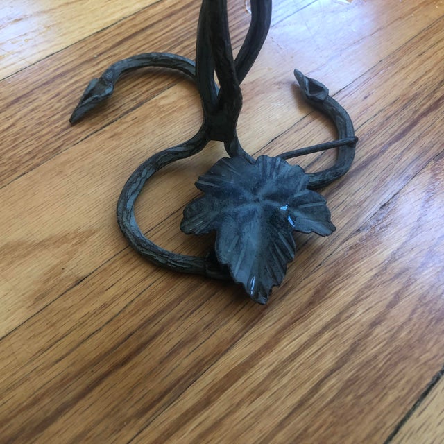 Art Nouveau 1930s Umberto Bellotto Art Nouveau Murano Attributed Glass Coupe Nesting on a Wrought Iron Grape Vine Basket For Sale - Image 3 of 6