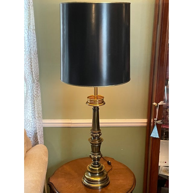 Vintage MCM Stiffel Brass Torchiere Lamps With Diffuser Shades 38" - a Pair For Sale - Image 11 of 11