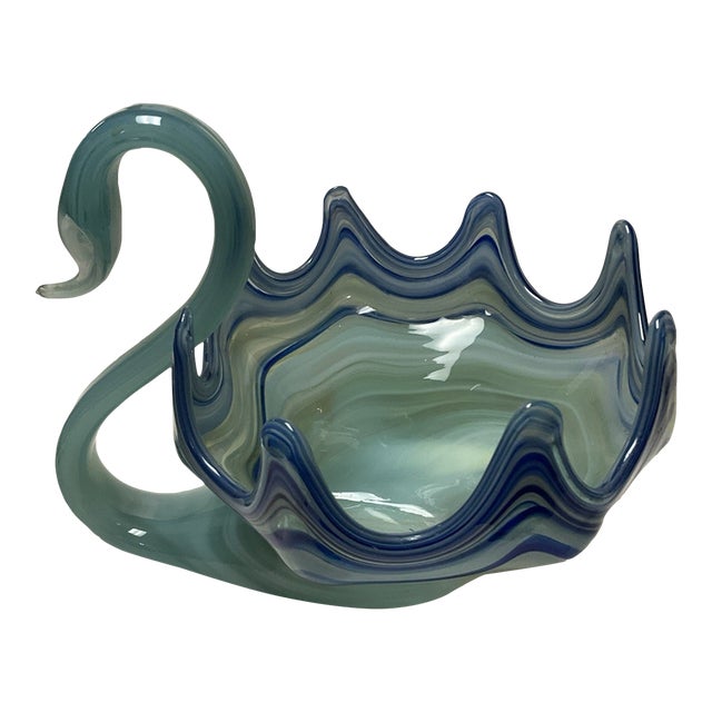 Vintage Murano Style Art Glass Hand Blown Swan Bowl For Sale