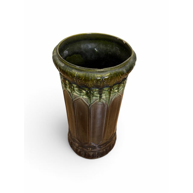 An authentic early 20th-century Art Nouveau majolica pottery umbrella and cane stand manufactured by the historic Brush-...