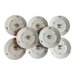 Herend Porcelain Dinner Plates Decorated With Birds, Butterflies and Insects With Basketweave Rim - Set of 8