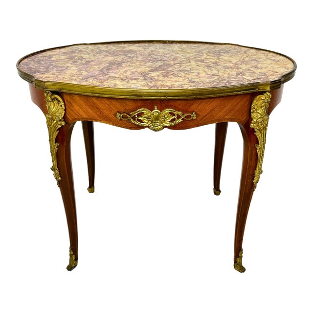 Vintage Fruitwood Louis XV Style Marble Top Coffee Table Ormolu Mounts For Sale