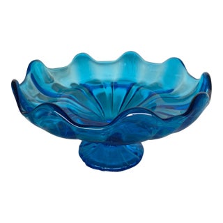 Vintage l.e. Smith Peacock Blue Glass Pedestal Bowl For Sale