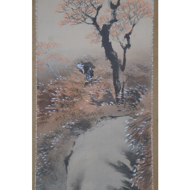 Antique Signed Asian Watercolor on Silk Landscape Figure Scroll Cherry Blossom For Sale - Image 4 of 13
