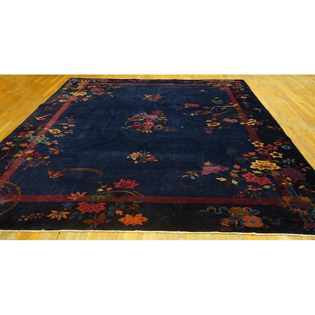 Art Deco 1920s Blue Navy Floral Medallion Vase Antique Chinese Art Deco Room Size Rug For Sale - Image 3 of 9