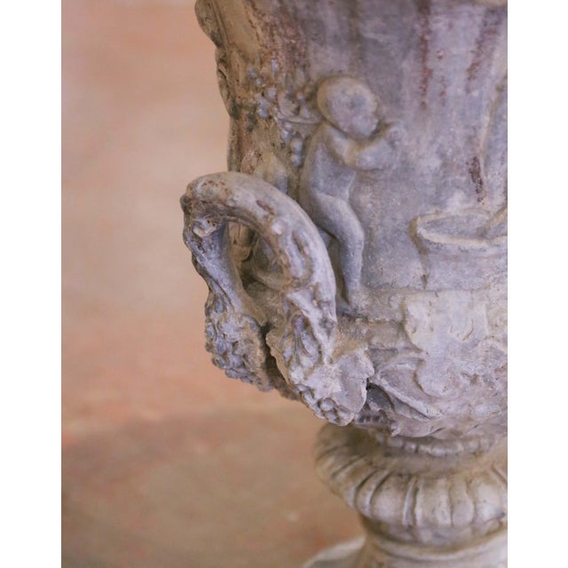 Metal Pair of Mid-Century French Weathered Cast Lead Garden Urn Planters For Sale - Image 7 of 11