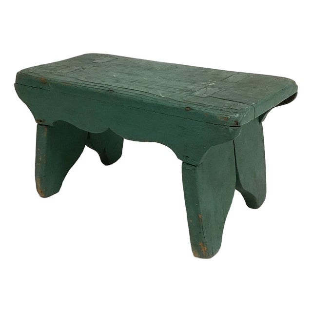 Early 1900s Antique Primitive Wood Footstool Bench in Great Old Green Paint For Sale