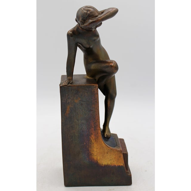 Circa 1920s-30s American Pair of Pompeian Bronze Seated Nude Figure Bookends For Sale - Image 11 of 14