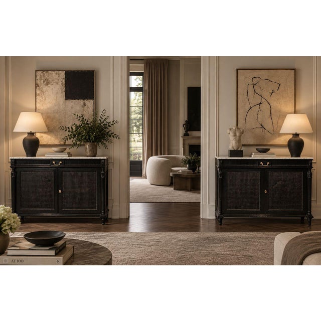 Louis XVI Style, Hollywood Regency, Large Buffets, Credenzas or Sideboards, Black Painted Wood, Cane, Marble, France,...