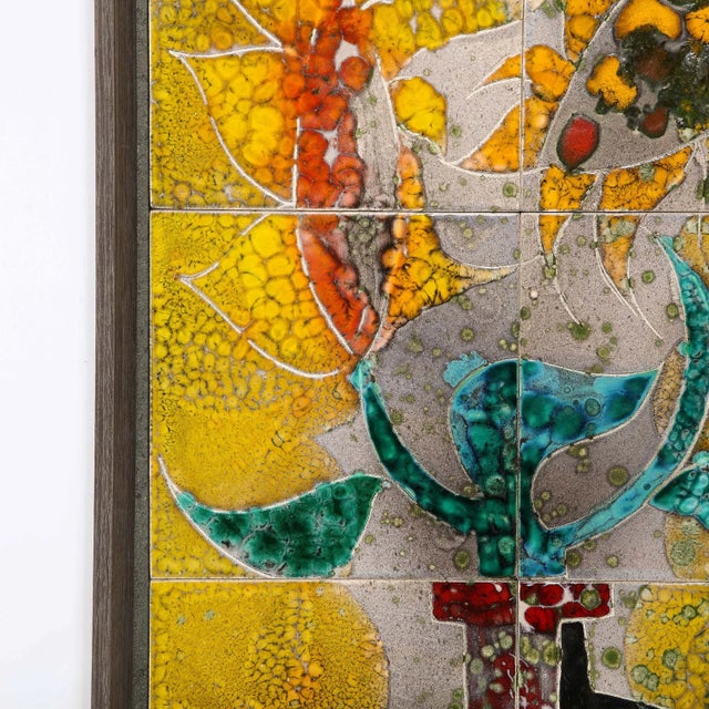 Modernist Ceramic Tile Wall Plaque of Sunflowers Signed Gilbert Valentin For Sale - Image 9 of 13