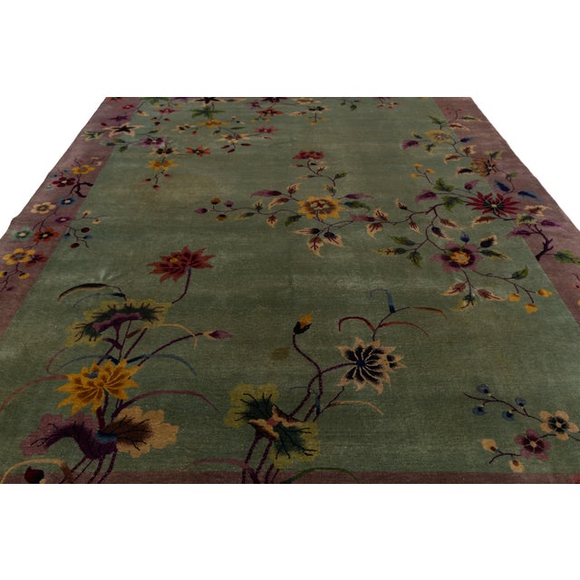Textile Antique 1920s Art Deco Chinese Nichols Rug in Sage Green & Plum Floral Design For Sale - Image 7 of 12