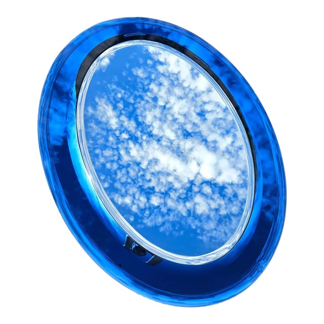 Mid 20th Century Rare Cristal Arte Italian Dual-Tone Mirror – Clear Beveled Oval With Blue Mirrored Border For Sale