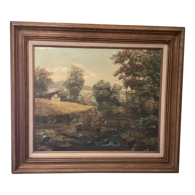 Vintage Oil Painting of Landscape Rural Scene Artist Signed Framed For Sale