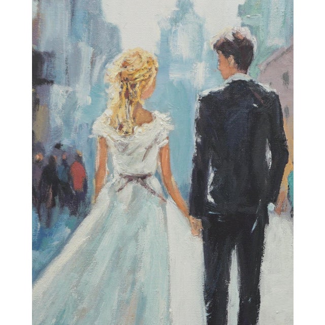 Original oil painting by Sean Wu, Into Forever, A newlywed couple walks on a city street