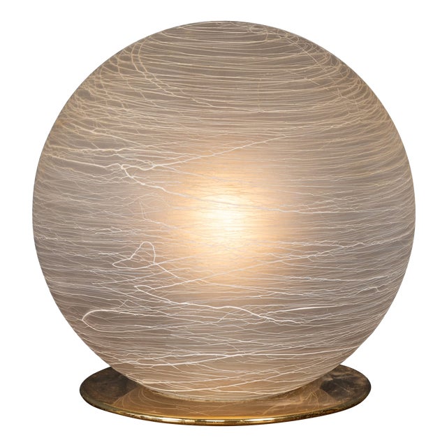 Vintage Italian Hand-Blown Frosted Murano Glass Globe Table Lamp, 1980 For Sale
