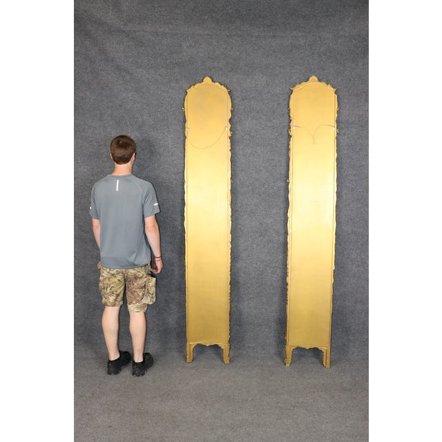 Glass Pair of Rare Tall Italian Rococo Style Distressed Carved Gilt Gold Mirrors For Sale - Image 7 of 10