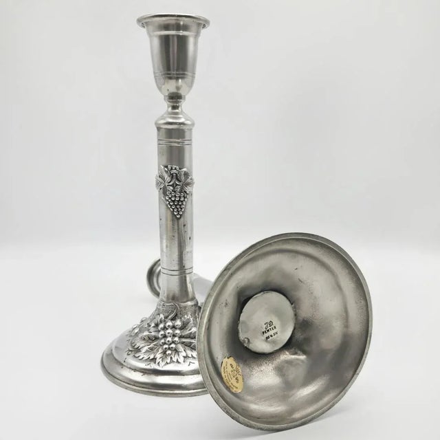 Traditional Vintage Portuguese Pewter Candlestick Holders by J. Dores – Raised Grape & Leaf Relief, a Pair For Sale - Image 3 of 10
