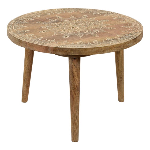 Farmhouse Style Natural Wooden Hand Painted 20" Round Side For Sale