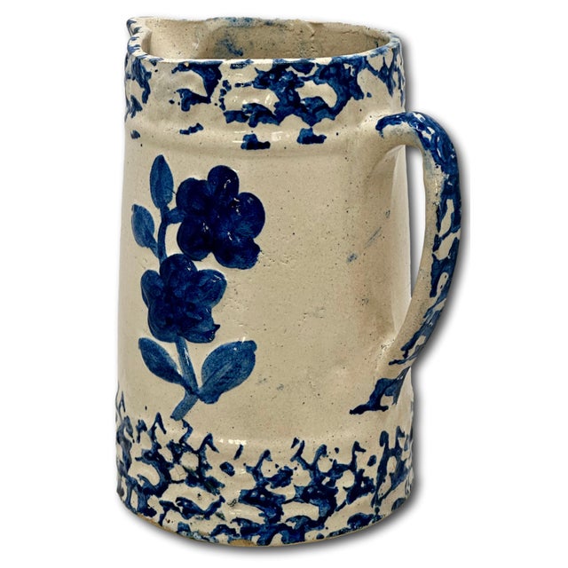 Unusual Antique American Blue Spongeware & Flower Decorated Stoneware Milk Pitcher Circa Late 19th Century For Sale In Boston - Image 6 of 18