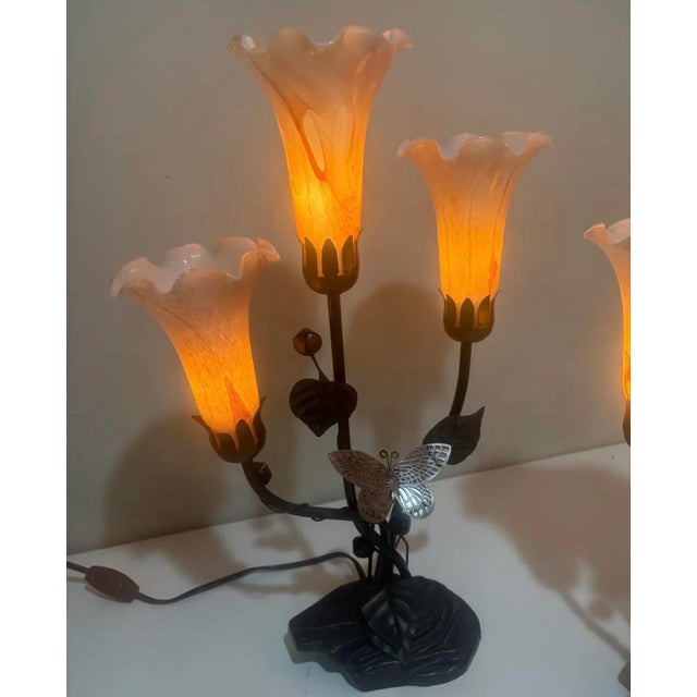 Pink Vintage Table Lamps Pink Glass Tulip Flowers Bronze Butterflies Dale Tiffany Style Pair For Sale - Image 8 of 11