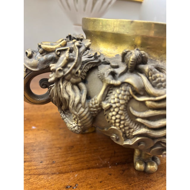 Brass Ornate Mid 20th Century Cast Brass Chinese Incense Burner Censer With Dragons and Fu Dogs and Green Stone Finial For Sale - Image 8 of 12