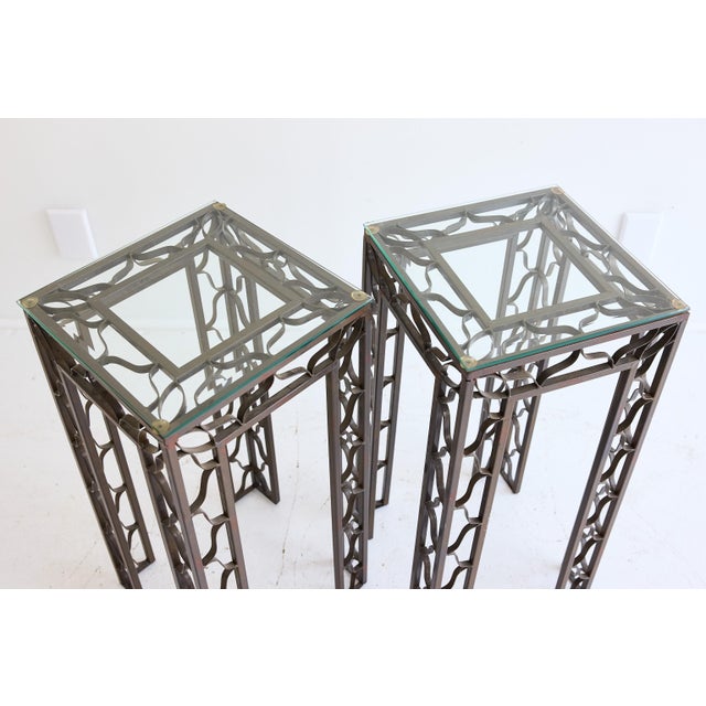 Pair of Pedestal Tables With Metalwork Frames and Glass Tops, Indoor/Outdoor For Sale - Image 9 of 15