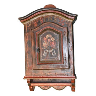 1970s Vintage Hand Painted Wooden Folk Art Hanging Wall Cabinet With Single Door & Shelf For Sale