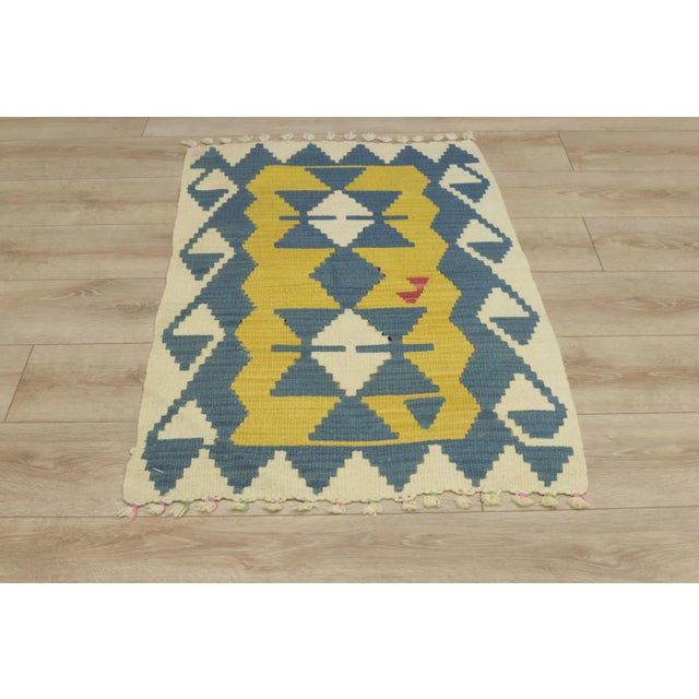 Tribal 1960s Traditional Geometric Blue and Yellow Cappadocia Kilim Rug For Sale - Image 3 of 13