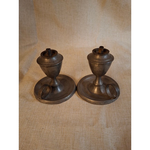 Pair Antique Pewter Whale Oil Finger Lamps Single Tube Drop Burners C. 1830-1850 For Sale - Image 4 of 18