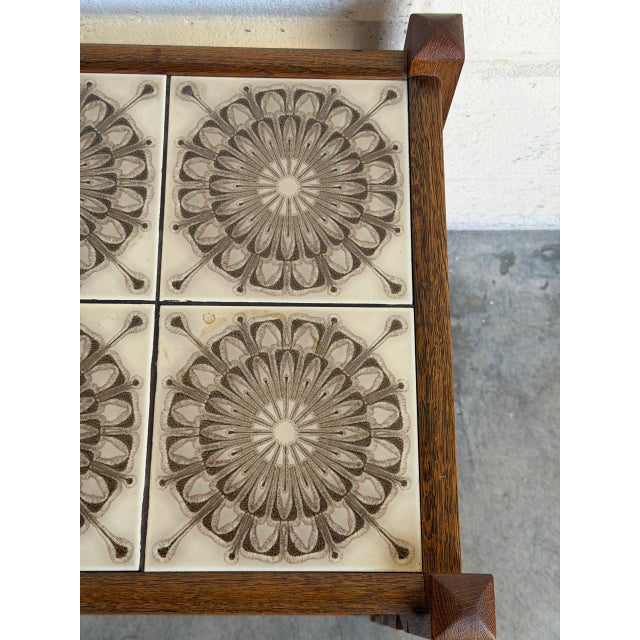 Oak Small Table Patterned Ceramic Tile Top Danish Vintage Accent Side End Table 1970s For Sale - Image 4 of 10