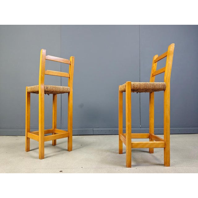 Vintage Oak and Papercord Bar Stools, 1960s, Set of 4 For Sale - Image 4 of 15