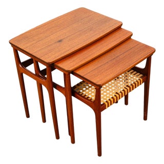 Mid Century Danish Modern Nesting Tables Solid Teak Set 3 Denmark Cane Vintage For Sale