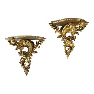Italian Hand-Carved Gilded Wall Brackets, Rococo, Mid-19th Century For Sale