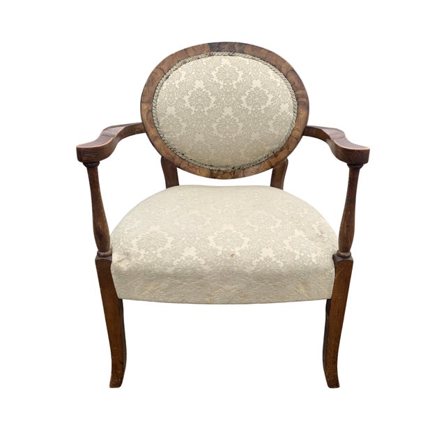 Art Deco Walnut Spoonback Open Frame Armchair with Cream Damask Upholstery For Sale - Image 6 of 11