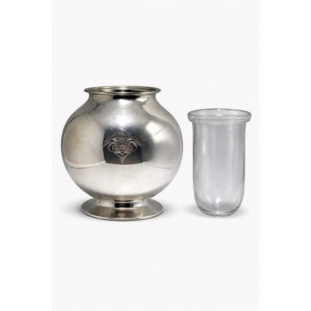 Swedish Art Deco Nickel Silver Vase with Glass Insert attributed to GAB, 1940s For Sale - Image 3 of 8