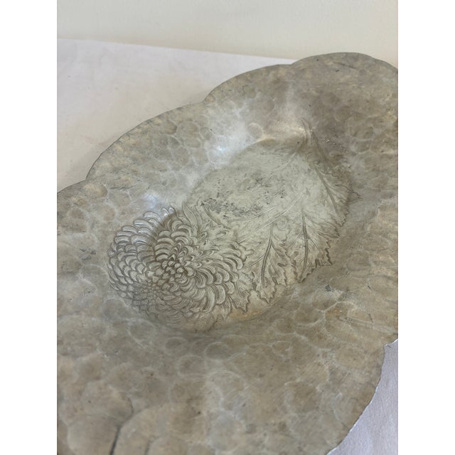 A refined vintage hand wrought aluminum tray by Continental Silver Co., featuring an etched chrysanthemum and leaf motif...