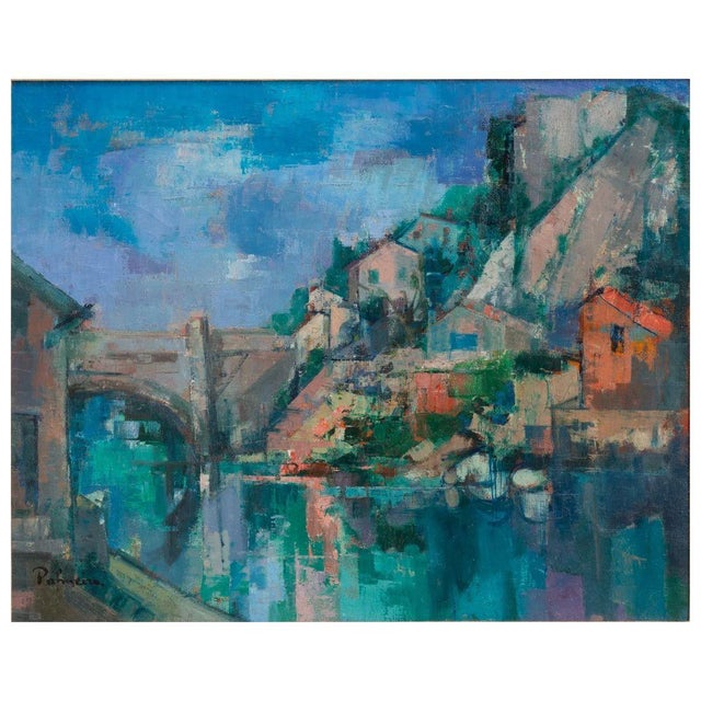 This framed oil on canvas painting by José Palmeiro presents a richly textured, atmospheric landscape rendered in a...