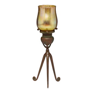 Antique Tiffany Studios Tripod Candlestick With Favrile Glass Shade For Sale