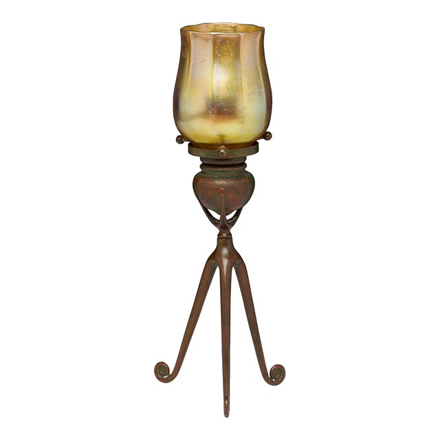 Antique Tiffany Studios Tripod Candlestick With Favrile Glass Shade For Sale