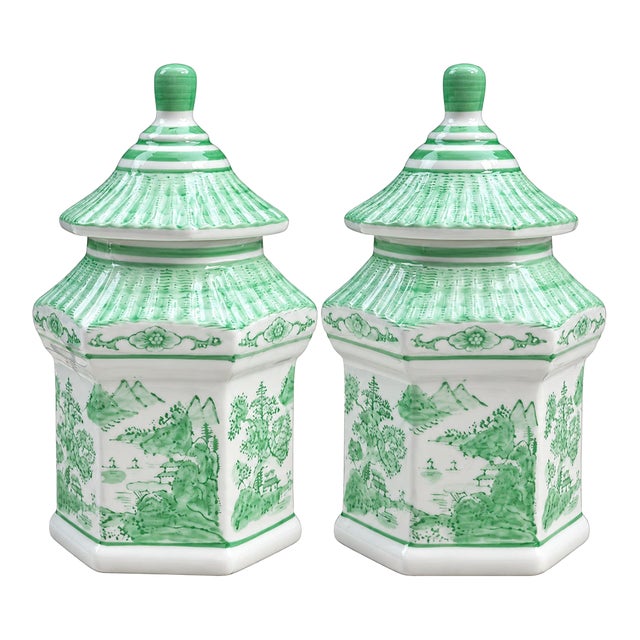 Pair of Mikasa Green & White Chinoiserie Porcelain Pagoda Ginger Jars For Sale