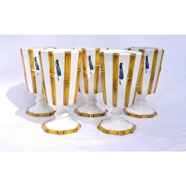1970s Majolica Bamboo With Dragonflies Beverage Goblets S/11 For Sale - Image 5 of 13