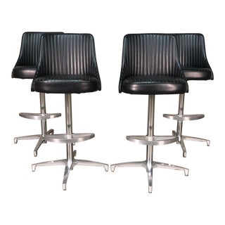 Chromcraft Mid-Century Modern Swivel Bar Stool Black Vinyl Seat ~ Set of 4 For Sale