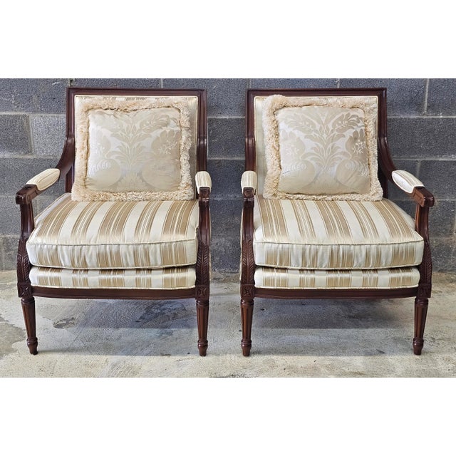 Early 21st Century Pair of Pearson Louis XVI Style Carved Mahogany and Upholstered Fauteuils For Sale - Image 5 of 12