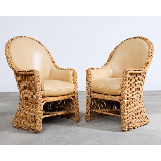 Wood Set of Eight Michael Taylor Style Rattan Leather Dining Chairs For Sale - Image 7 of 18