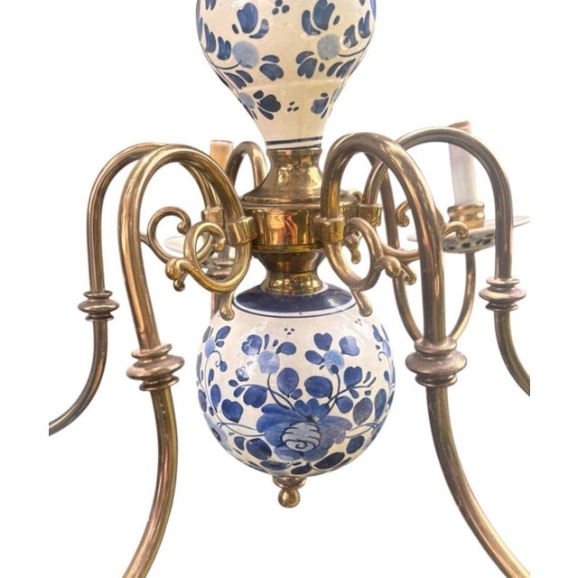Delft Mid 20th Century Delft Blue & White Porcelain Floral Hanging Chandelier Light Fixture 6 Arm For Sale - Image 4 of 10
