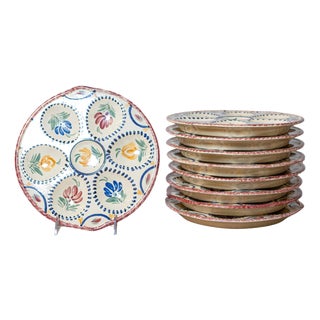 Eight French Quimper 19th Century HB Manufacture Oyster Plates with Floral Motif For Sale