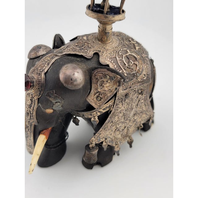 Early 20th Century Rare Antique Indian Ebony Silver Overlay Jeweled Elephant W Real Ruby Stone. For Sale - Image 5 of 18