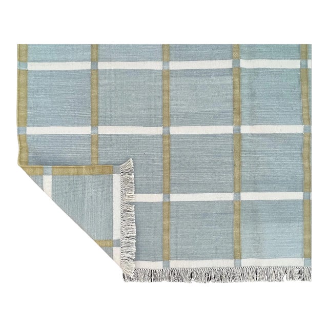 Not Yet Made - Made To Order Handmade Cotton Natural Vegetable Dyed Gray, Cream & Olive Green Windowpane Rug - 8'x10' For Sale