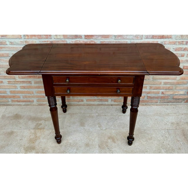 Wood Drop-Leaf Side Table With Two Drawers, 1930s For Sale - Image 6 of 15